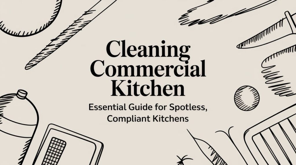 Illustrated kitchen tools surround the text “Cleaning Commercial Kitchen: Essential Guide for Spotless, Compliant Kitchens” on a beige background.