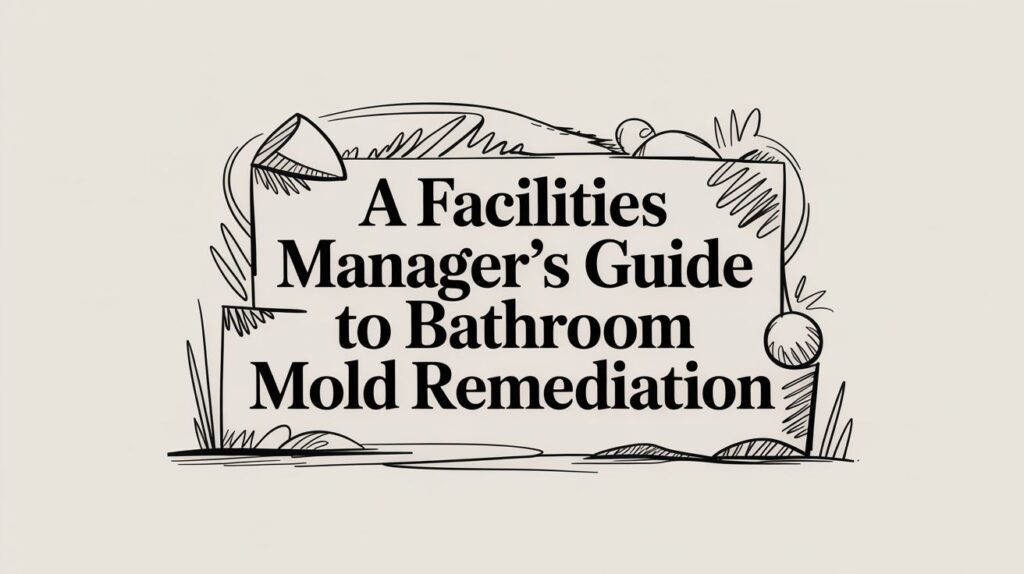 Text reading "A Facilities Manager’s Guide to Bathroom Mold Remediation" is surrounded by a hand-drawn border with simple plant and leaf illustrations on a light background.