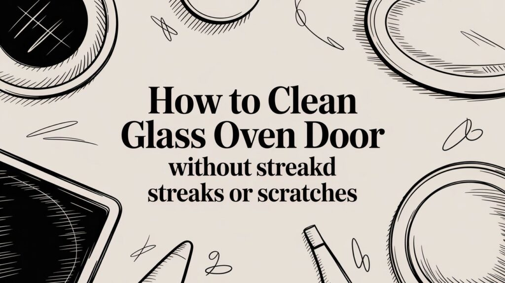 Black text on a light background reads, "How to Clean Glass Oven Door without streakd streaks or scratches," surrounded by hand-drawn kitchen items and utensils.